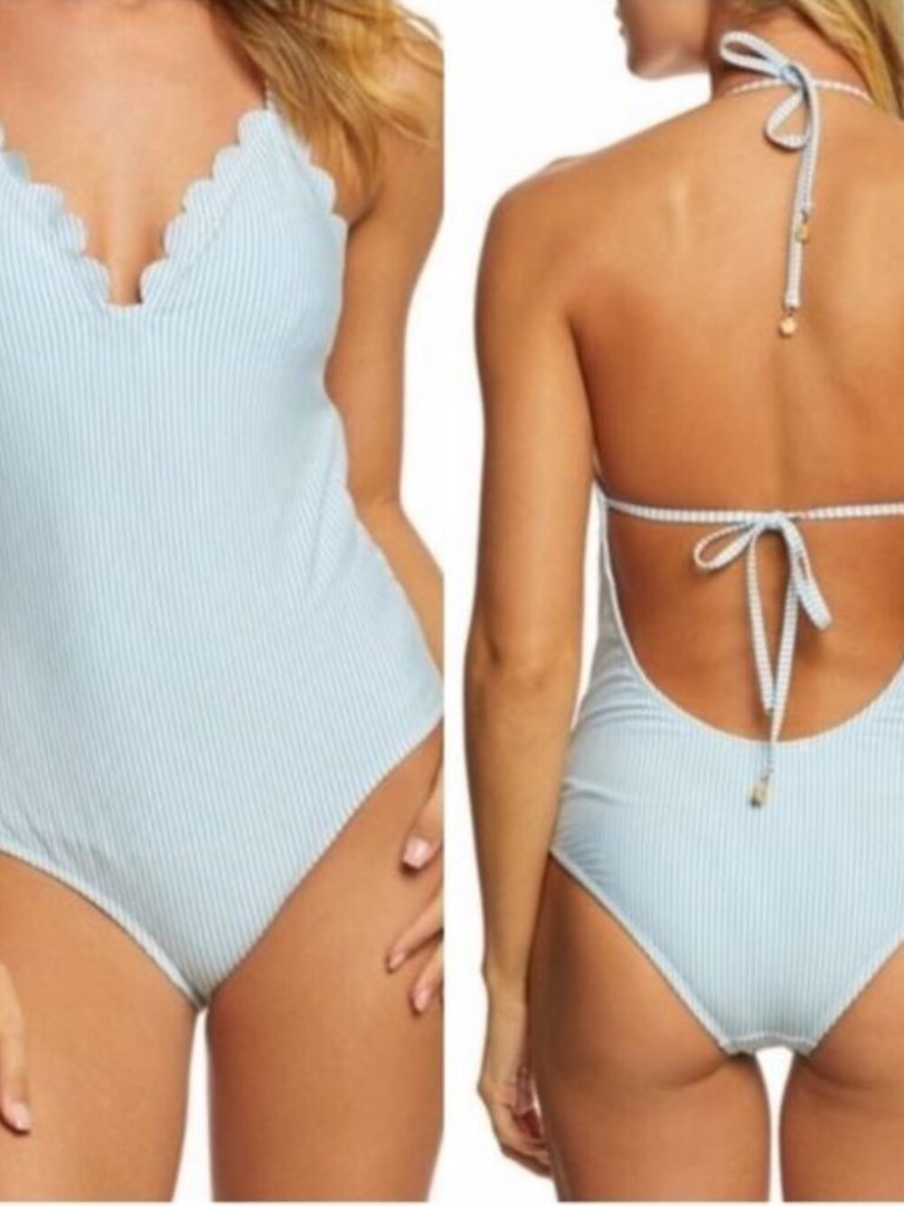 Jessica Simpson Blue & White Striped Scallop Halter One Piece Swim Suit